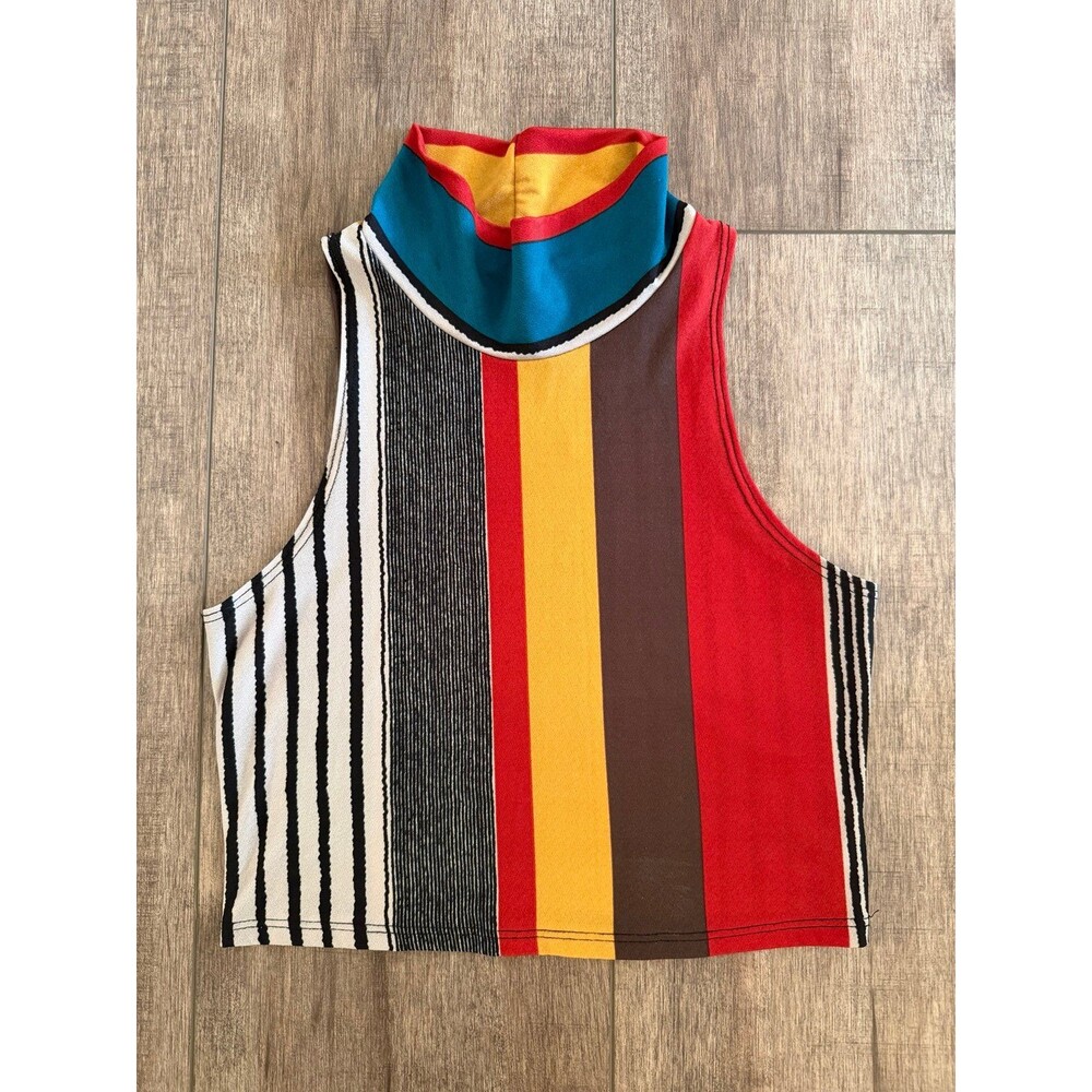 Vintage Y2K Colorblock Stripe Mock Neck Crop Top Small